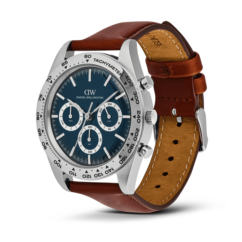 Iconic Tachymeter 極地藍錶盤三眼計時棕色真皮錶帶手錶