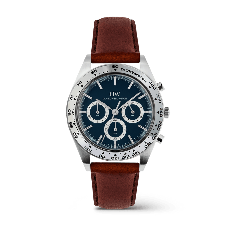 Iconic Tachymeter 極地藍錶盤三眼計時棕色真皮錶帶手錶