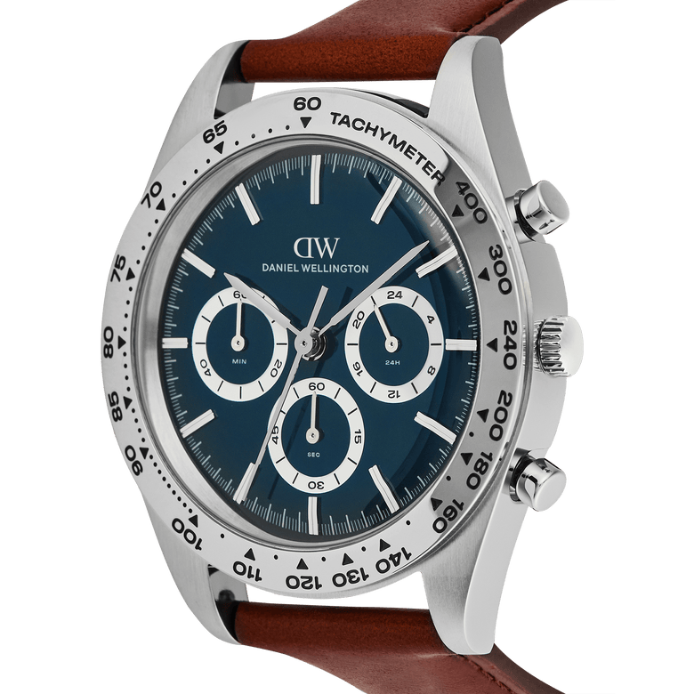 Iconic Tachymeter 極地藍錶盤三眼計時棕色真皮錶帶手錶